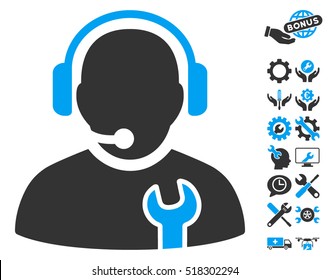 Service Operator pictograph with bonus service images. Vector illustration style is flat iconic blue and gray symbols on white background.