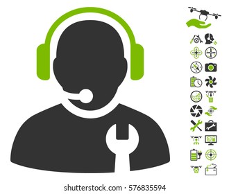 Service Operator pictograph with bonus nanocopter service symbols. Vector illustration style is flat iconic eco green and gray symbols on white background.