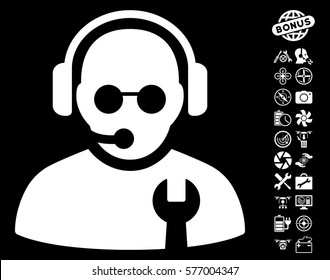 Service Operator pictograph with bonus nanocopter service pictograph collection. Vector illustration style is flat iconic white symbols on black background.
