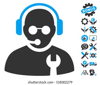 Service Operator pictograph with bonus settings icon set. Vector illustration style is flat iconic blue and gray symbols on white background.