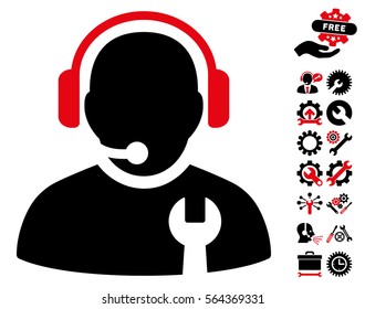 Service Operator pictograph with bonus settings clip art. Vector illustration style is flat iconic intensive red and black symbols on white background.