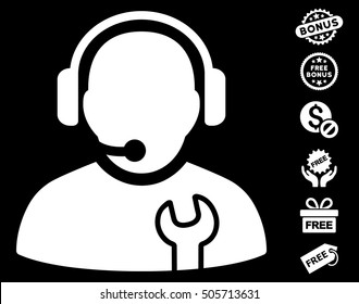 Service Operator pictograph with free bonus pictures. Vector illustration style is flat iconic symbols, white color, black background.