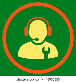 Service Operator vector bicolor icon. Image style is a flat icon symbol inside a circle, orange and yellow colors, green background.