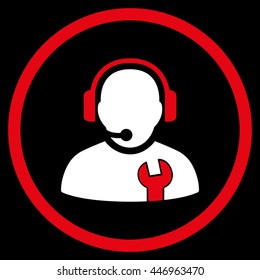 Service Operator vector bicolor icon. Image style is a flat icon symbol inside a circle, red and white colors, black background.