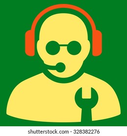 Service Operator vector icon. Style is bicolor flat symbol, orange and yellow colors, rounded angles, green background.