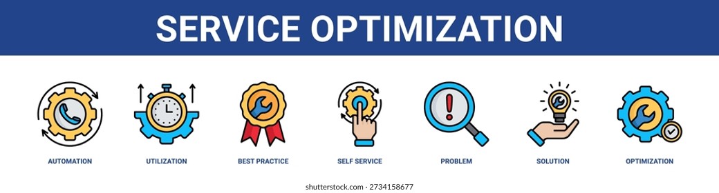 Service Optimization web banner icon set collection solid style.