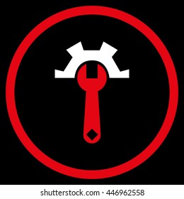 Service Options vector bicolor icon. Image style is a flat icon symbol inside a circle, red and white colors, black background.