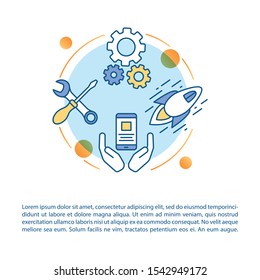 Service orchestration article page vector template. App programming process. Brochure, magazine, booklet design element with linear icons. Print design. Concept illustrations with text