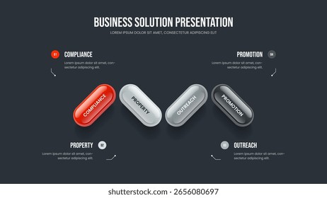 Service Overview 4 Step Diagram Presentation Design. Enterprise Introduction Frame Template Vector Illustration. Product Analysis Four Element Infographic Slide Layout.