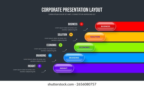 Visão geral do serviço 5 passos Infográfico Slide Modelo. Design de apresentação de slides do diagrama de cinco opções da estratégia de mercado. Ilustração do vetor de layout da apresentação da campanha de marketing.