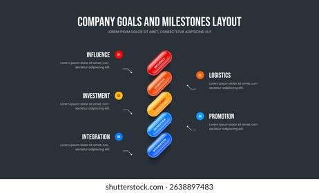 Service Overview Slide Design Vector Illustration. Digital Proposal Five Step Infographic Frame Template. Marketing Plan 5 Element Diagram Presentation Layout.