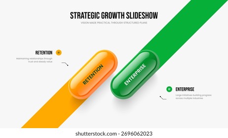 Service Overview Slide Design Vector Illustration. Product Portfolio 2 Element Diagram Frame Layout. Creative Showcase Two Step Infographic Presentation Template.