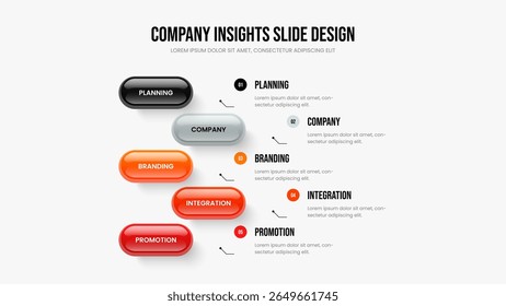 Service Overview Slide Template Vector Illustration. Product Proposal Five Step Diagram Slideshow Design. Business Insight 5 Element Infographic Frame Layout.