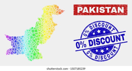 Service Pakistan map and blue 0 Percent Discount textured seal stamp. Spectral gradient vector Pakistan map mosaic of engineering parts. Blue rounded 0 Percent Discount stamp.