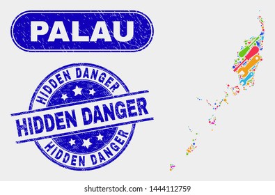 Service Palau map and blue Hidden Danger scratched seal. Colored vector Palau map mosaic of mechanic parts. Blue round Hidden Danger seal.