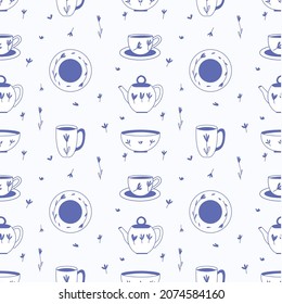 
Service pattern in one style. A pair of tea, a cup, a plate, a deep plate, a kettle. Dishes. Apron, fabric, kitchen. Vector illustration