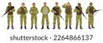 Service people, military men and women with guns wearing special clothes, fighters set. Soldier infantry in helmet and life vests. Flat cartoon, vector illustration