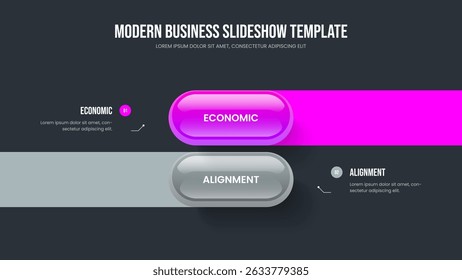 Service Performance 2 Step Diagram Presentation Template. Visual Insight Two Element Infographic Frame Layout. Market Showcase Slideshow Design Vector Illustration.