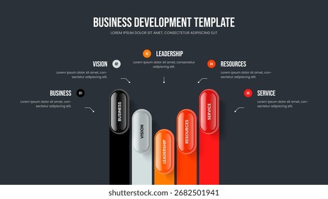 Präsentationslayout der Dienstleistung in fünf Schritten. Market Visualization 5 Element Infographic Slideshow Design. Vektorgrafik der Innovationsfolie für Investoren.