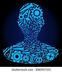 Service person collage of service tools on a dark blue gradient background. Vector person is formed of blue cogs, spanners, and other tools, and based on person icon. Concept of mechanic job.