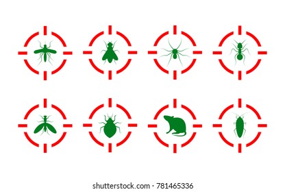 Service Of Pest Control. Destruction Of Insects And Rodents. Insects Under Gun - Fly, Cockroach, Bedbug, Rat, Mosquito, Spider, Ant. Vector Illustration