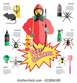 Service for pest control website with worker in protective clothes in center means of destruction vector illustration 