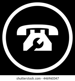 Service Phone vector icon. Image style is a flat icon symbol inside a circle, white color, black background.
