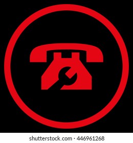 Service Phone vector icon. Image style is a flat icon symbol inside a circle, red color, black background.