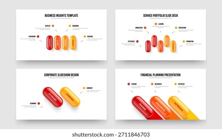 Serviceplanung Vier Fünf-Zwei-Drei-Elemente-Infografik-Präsentationslayout-Vektorgrafik-Illustrationssammlung. Sales Development 4 5 2 3-Schritt-Diagramm Slide-Design-Set.