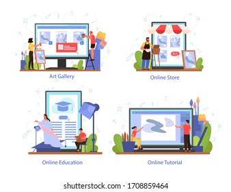 Service platform for artist on differernt device concept set. Idea of creative people and profession. Art gallery, artist store, online course and tutorial. Isolated flat vector illustration