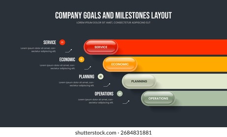 Ilustração de vetor de design de slide do portfólio de serviços. Layout de quadro infográfico de 4 etapas da campanha de produtos. Modelo de Apresentação de Slides de Diagrama de Quatro Opções de Desenvolvimento de Marketing.