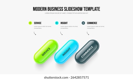 Service Portfolio Slideshow Layout Vector Illustration. Project Proposal 3 Element Diagram Presentation Template. Investor Campaign Three Step Infographic Frame Design.