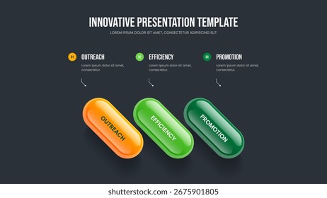 Service Portfolio Three Element Infographic Slide Layout. Marketing Visualization Presentation Design Vector Illustration. Advertising Forecast 3 Step Diagram Frame Template.