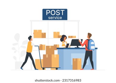 Service in post office vector illustration. Cartoon customer standing at counter with operator to send or receive parcel or correspondence, postal worker pushing trolley with boxes from warehouse