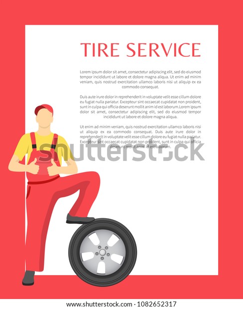 Service poster and happy man placed his left\
leg on rubber tire, positive worker in uniform showing thumbs up,\
banner with text vector\
illustration