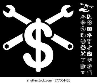 Service Price icon with bonus aircopter tools design elements. Vector illustration style is flat iconic white symbols on black background.