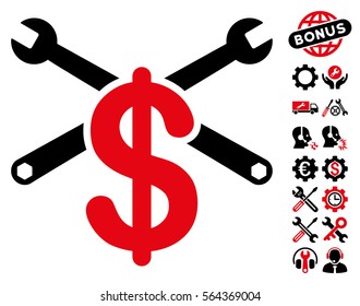 Service Price icon with bonus setup tools design elements. Vector illustration style is flat iconic intensive red and black symbols on white background.