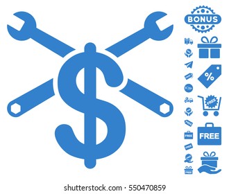 Service Price icon with free bonus symbols. Vector illustration style is flat iconic symbols, cobalt color, white background.