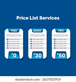Modelo de Lista de Preços de Serviço com Pacotes Gratuitos, Básicos e Pro, Modelo de tabela de preços Moderno com três opções