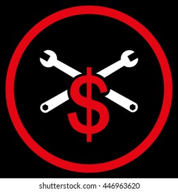 Service Price vector bicolor icon. Image style is a flat icon symbol inside a circle, red and white colors, black background.