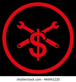 Service Price vector icon. Image style is a flat icon symbol inside a circle, red color, black background.