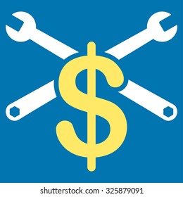 Service Price vector icon. Style is bicolor flat symbol, yellow and white colors, rounded angles, blue background.