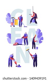 Service of Professional Cleaners Work Concept. Characters in Uniform with Cleaning Equipment, Mopping, Vacuuming Floor, Rub, Sweeping Poster, Banner, Flyer, Brochure. Cartoon Flat Vector Illustration