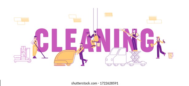 Service of Professional Cleaners Work Concept. People Characters in Uniform with Cleaning Equipment, Mopping, Vacuuming, Rub Window, Sweeping and Wiping Poster Banner Flyer. Linear Vector Illustration