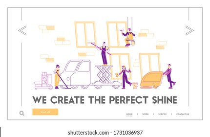 Service of Professional Cleaners at Work Landing Page Template. Characters in Uniform with Equipment Cleaning Room with Huge Windows, Mopping, Vacuuming, Rub, Sweep. Linear People Vector Illustration