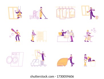 Servicio de limpiadores profesionales en el juego de trabajo. Caracteres con sala de limpieza de equipos, ventanas, corte, piso de aspiración, goma, barrido. Aislado en fondo blanco. Ilustración de vectores de personas lineales