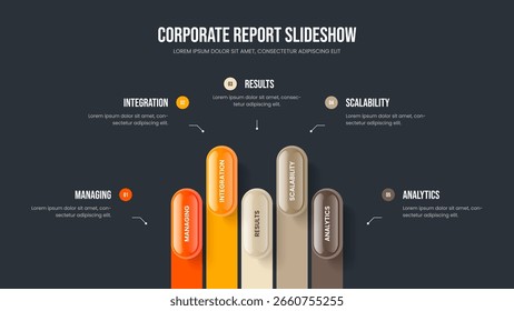 Service Proposal 5 Element Infographic Slideshow Design. Company Growth Five Option Diagram Slide Layout. Visual Campaign Presentation Template Vector Illustration.