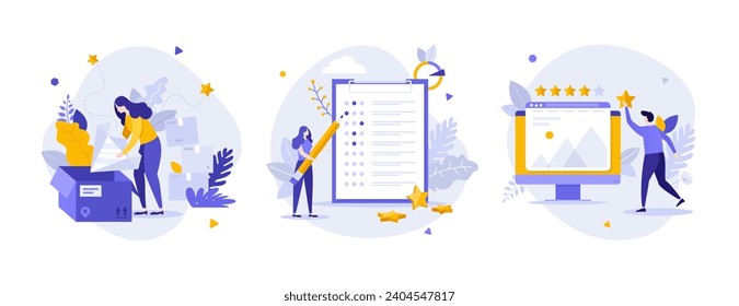 Service quality control flat concept vector illustrations set. Customer survey about product satisfaction cartoon composition. User opinion study creative idea for website, presentation