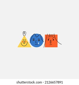 Service quality, customer feedback , emotions after purchase from buyers, joyful sad and angry geometric emoticon, doodle face, ranking icons, vector caroon isolated concept