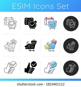 Service quality marks icons set. Organizer checkmark. Meeting date in calendar. Vote for right answer. Internet store best service. Linear, black and RGB color styles. Isolated vector illustrations